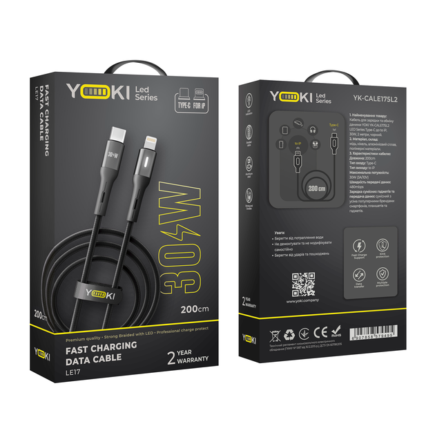 Кабель USB YOKI LED YK-LE17 Type-C to Lightning 30W 2m с LED индикатором высокая прочность черный - изображение 4
