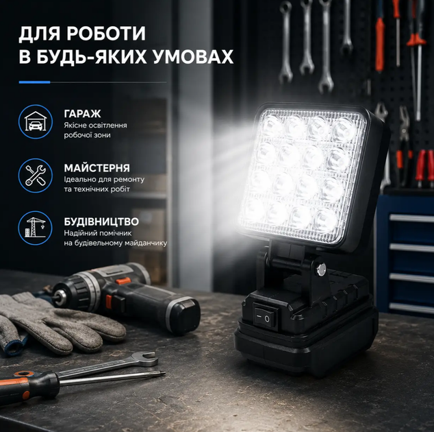 Аккумуляторный LED прожектор 24W, поворотный 145°, рабочий светодиодный фонарь для аккумуляторной платформы 18V (без аккумулятора и - изображение 6