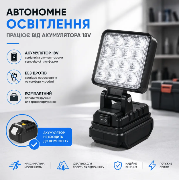 Аккумуляторный LED прожектор 24W, поворотный 145°, рабочий светодиодный фонарь для аккумуляторной платформы 18V (без аккумулятора и - изображение 7