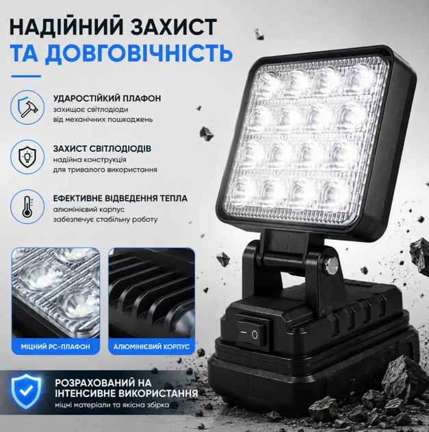 Аккумуляторный LED прожектор 24W, поворотный 145°, рабочий светодиодный фонарь для аккумуляторной платформы 18V (без аккумулятора и - изображение 8