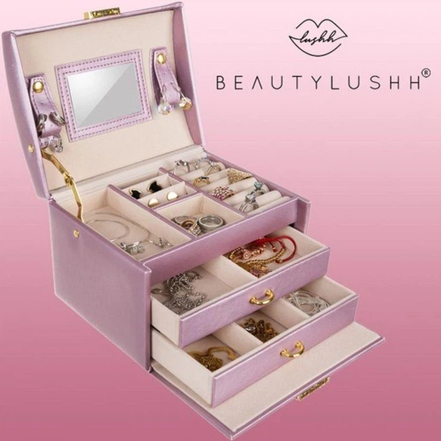 Ящик-органайзер для украшений Beautylushh 6400, с зеркалом и ключом, розовая, шкатулка для ювелирных изделий - изображение 6
