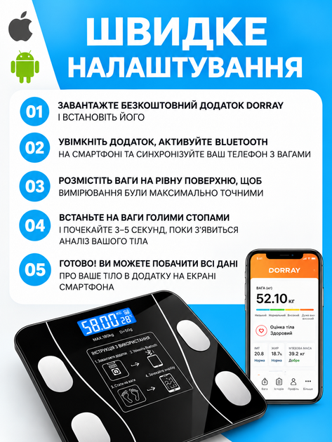 Смарт ваги підлогові Bluetooth до 180 кг, електронні ваги з LED-дисплеєм та додатком для Android та iOS - изображение 5
