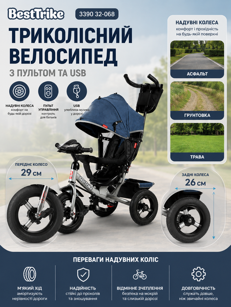 Детский трехколесный велосипед Best Trike 3390 32-068 с надувными колесами, пультом и USB - изображение 2