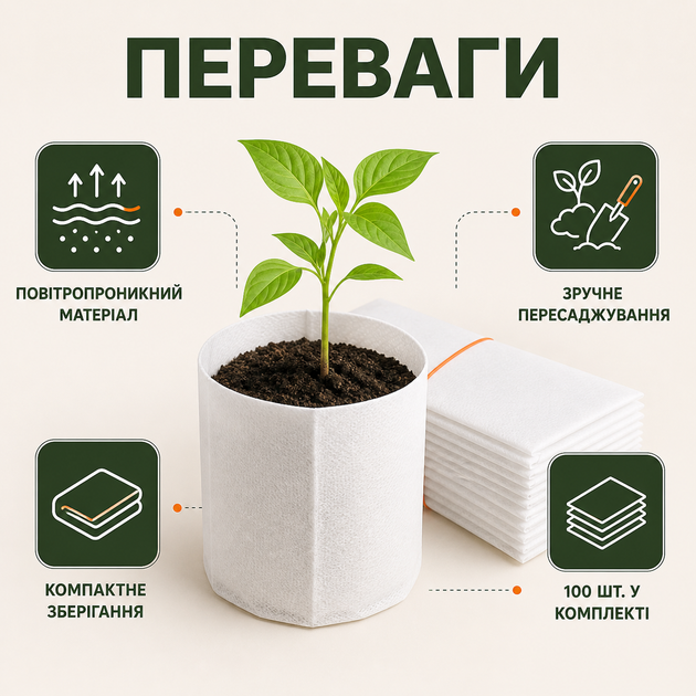 Мешки для рассады из нетканого материала 12x15 см белые 100 шт. (GB1215100) - изображение 6