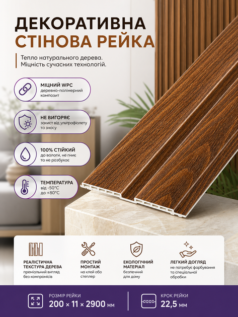 Рейка декоративная стеновая WPC из древесно-полимерного композита 200х11х2900мм SW-00003009 - изображение 3