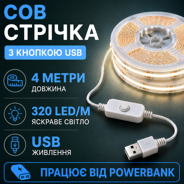 Светодиодная LED COB лента 4 метра с кнопкой USB 5V, белый нейтральный, светильник для подсветки кухни шкафов - Фото 1 Светодиодная LED COB лента 4 метра с кнопкой USB 5V, белый нейтральный, светильник для подсветки кухни шкафов - изображение 1