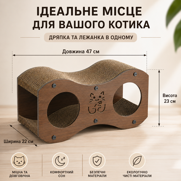 Когтеточка-лежанка для кота RIAS SC-47 з будиночком 47×22×23 см Brown (3_08470) - зображення 2
