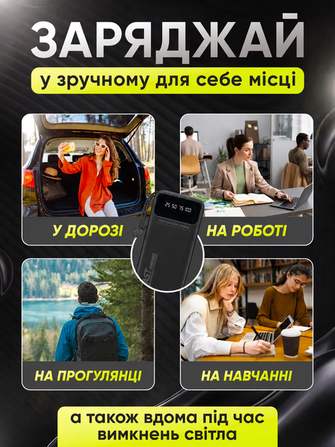 Повербанк FOYU FO-9022 30000 мАг Power Bank зарядний пристрій зовнішній акумулятор 10,5 Вт для телефона смартфона iPhone планшета з 4 вбудованими кабелями USB Type-C Micro-USB Lightning USB-A 2 USB портами LED дисплеєм ремінцем на 3 пристрої чорний - зображення 3
