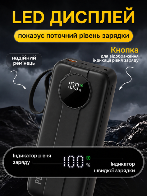 Повербанк FOYU FO-9021 30000 мАг Power Bank зовнішній акумулятор 22,5 Вт швидка зарядка Power Delivery для телефона смартфона iPhone планшета з 2 вбудованими кабелями USB Type-C Lightning LED дисплеєм ліхтариком ремінцем на 3 пристрої чорний - Фото 5 Повербанк FOYU FO-9021 30000 мАг Power Bank зовнішній акумулятор 22,5 Вт швидка зарядка Power Delivery для телефона смартфона iPhone планшета з 2 вбудованими кабелями USB Type-C Lightning LED дисплеєм ліхтариком ремінцем на 3 пристрої чорний - зображення 5