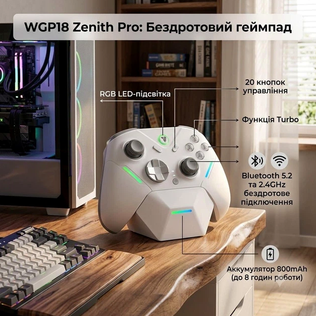 Беспроводной геймпад FANTECH WGP18 Zenith Pro с RGB LED подсветкой и программируемыми макросами белый - изображение 3