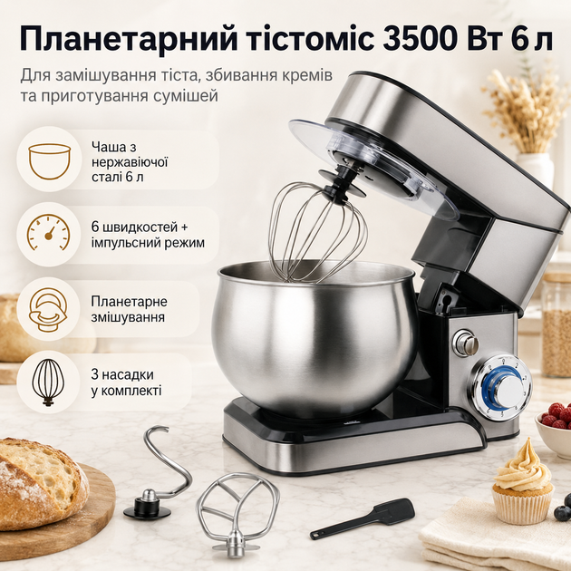 Планетарний професійний тістоміс стаціонарний Zepline ZP105 з чашею 6 л, 3500 Вт універсальний комбайн з нержавіючої сталі Z - Фото 1 Планетарний професійний тістоміс стаціонарний Zepline ZP105 з чашею 6 л, 3500 Вт універсальний комбайн з нержавіючої сталі Z - изображение 1