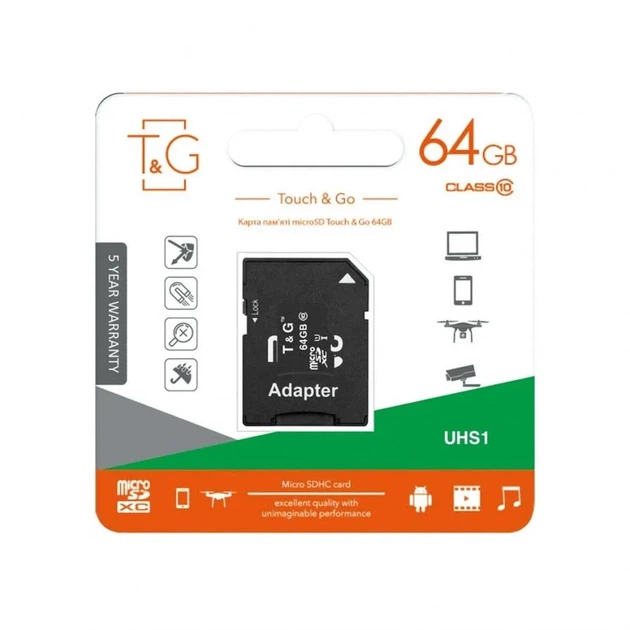 Карта пам'яті MicroSDXC 64GB Class 10 UHS-I з адаптером T&G TG-64GBSDCL10-01 - Фото 1 Карта пам'яті MicroSDXC 64GB Class 10 UHS-I з адаптером T&G TG-64GBSDCL10-01 - зображення 1