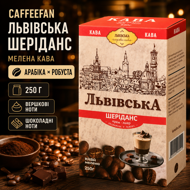 Кава мелена CaffeeFan Львівська Шеріданс 250 г ароматна кавова суміш арабіка робуста з вершковим смаком шоколадними нотами кавового лікеру для заварювання - Фото 1 Кава мелена CaffeeFan Львівська Шеріданс 250 г ароматна кавова суміш арабіка робуста з вершковим смаком шоколадними нотами кавового лікеру для заварювання - зображення 1