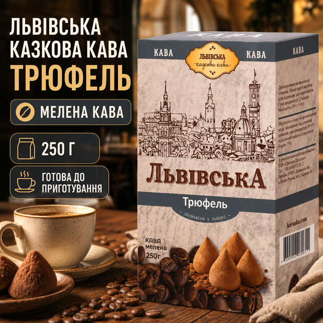 Кофе молотый Львовский сказочный кофе Трюфель 250 г ароматный натуральный молотый кофе с насыщенным вкусом трюфеля для турки кофеварки заваривание - Фото 1 Кофе молотый Львовский сказочный кофе Трюфель 250 г ароматный натуральный молотый кофе с насыщенным вкусом трюфеля для турки кофеварки заваривание - изображение 1