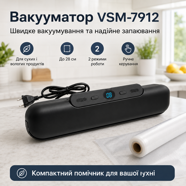 Бытовой вакууматор для еды VSM-7912 мощный вакуумный упаковщик домашний вакууматор для сухих и влажных продуктов. - изображение 3