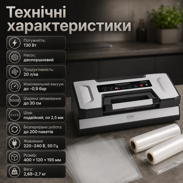 Бытовой вакууматор для продуктов и еды Caso Advanced Pro мощный вакуумный упаковщик VRH790 кухонный вакууматор с дисплеем и резаком - Фото 5 Бытовой вакууматор для продуктов и еды Caso Advanced Pro мощный вакуумный упаковщик VRH790 кухонный вакууматор с дисплеем и резаком - изображение 5