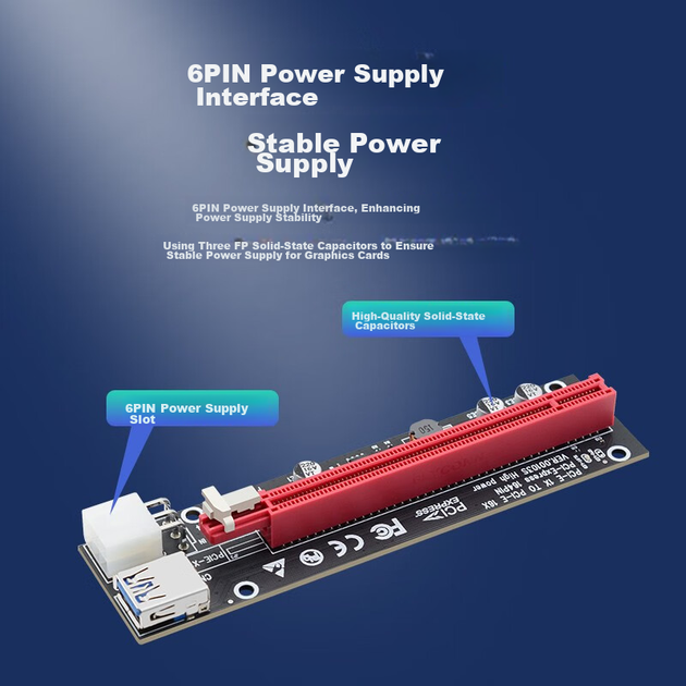 Подовжувач відеокарти EB-LINK PCI-E X1 - X16, кабель-перехідник PCIe 1X - 16X, плата розширення, великий 6-контактний блок живлення - Фото 6 Подовжувач відеокарти EB-LINK PCI-E X1 - X16, кабель-перехідник PCIe 1X - 16X, плата розширення, великий 6-контактний блок живлення - изображение 6