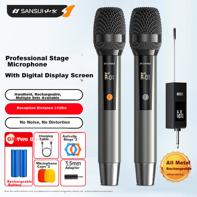 Беспроводной микрофон SANSUI K73 с функцией зарядки, диапазон UHF, подходит для домашнего караоке, пения, выступлений на сцене, лекций, караоке, конференций, акустических систем, усилителей, FM-тюнера, универсальный двухканальный металлический микрофон. - изображение 4