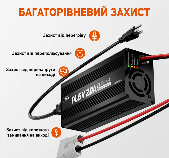 Швидкий зарядний пристрій LiTime 12V (14.6V) 20A LiFePO4 Charger - зображення 2