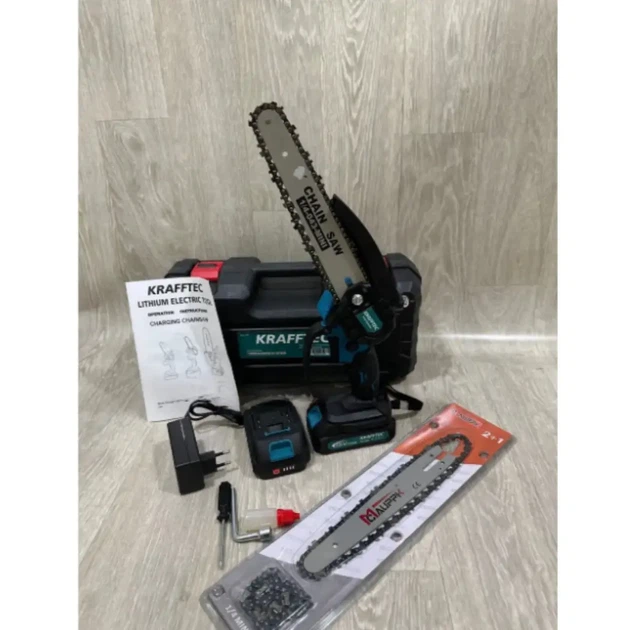 Мини пила аккумуляторная Krafftec 36 В 4 А·ч цепная 1000 Вт шина 6 дюймов сучкорез 15 см бесщеточный автоматическая смазка садовая электропила 4600 об мин шаг 1 4 для обрезки деревьев веток кустов распиливания древесины с 2 АКБ 2 шинами 3 цепями - изображение 8