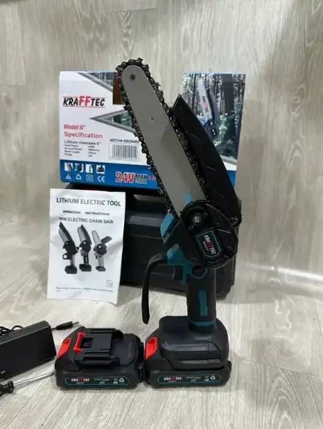 Мини пила аккумуляторная Krafftec 48 В 6 А·ч цепная 1200 Вт шина 8 дюймов сучкорез бесщеточный автоматическая смазка садовая электропила 6000 об мин шаг 1 4 для обрезки деревьев веток кустов распиливания древесины с 2 АКБ кейсом - изображение 6