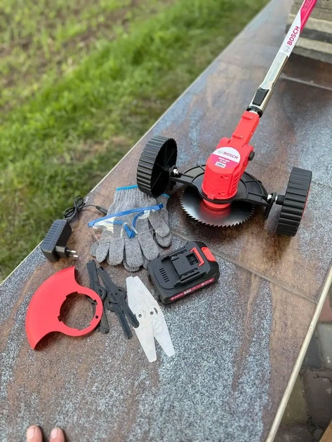 Газонокосарка акумуляторна BOSCH EASY 23-045 24 В 6 А·год з колесами тример для трави 800 Вт електрокоса 8000 об хв садова косарка телескопічна 92-122 см ніж бездротовий інструмент для газону бур'янів саду дачі з 2 АКБ диском ножами - зображення 6