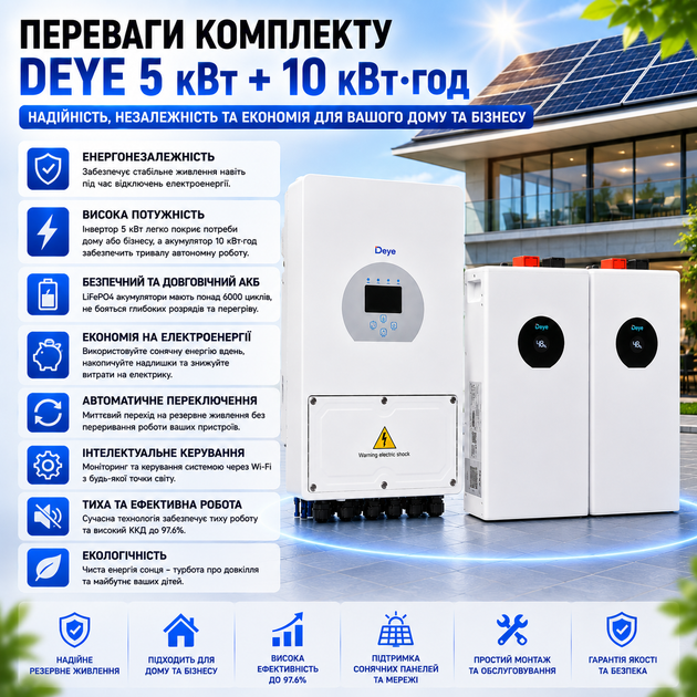 Гібридний інвертор Deye SUN-5K-SG05LP1-EU 5 кВт Wi-Fi + 2 LiFePO4 акумулятори Deye SE-F5-C 5.12 кВт·год - зображення 4