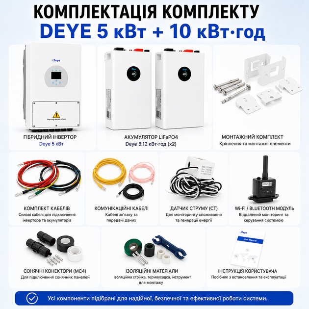 Гібридний інвертор Deye SUN-5K-SG05LP1-EU 5 кВт Wi-Fi + 2 LiFePO4 акумулятори Deye SE-F5-C 5.12 кВт·год - зображення 6