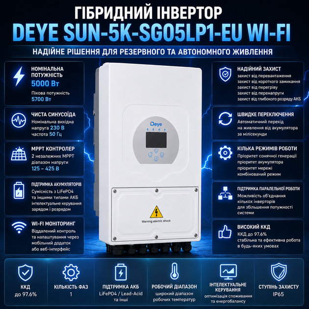 Гибридный инвертор Deye SUN-5K-SG05LP1-EU 5 кВт Wi-Fi + LiFePO4 аккумулятор Deye SE-F5-C 5.12 кВт·ч - изображение 3