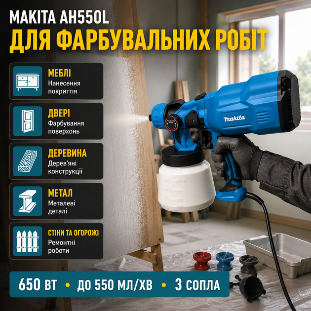 Краскопульт электрический Makita AH550L 650 Вт распылитель 550 мл/мин сетевой 220 В бак 800 мл пульверизатор с соплами 2 2,5 3 мм для покраски стен мебели дверей дерева металла заборов ремонта - изображение 3