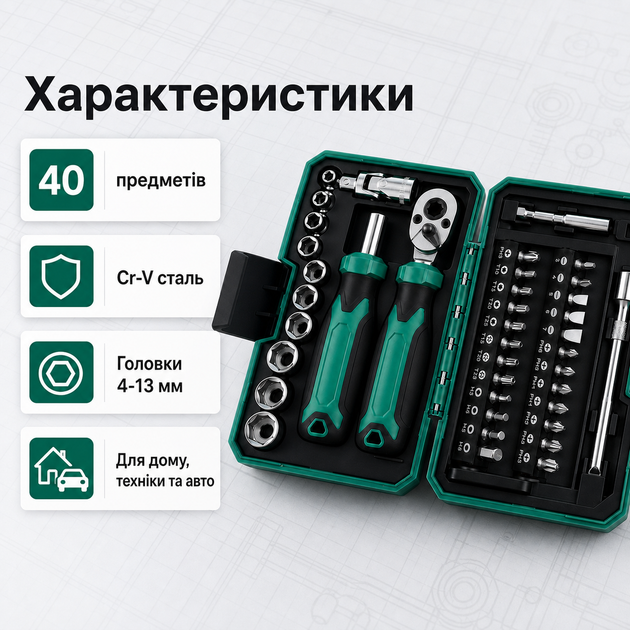 Набір ручних інструментів 40в1 з тріскачкою, викруткою, бітами, торцевими головками 4–13 мм, подовжувачами та перехідниками в ударостійкому кейсі - зображення 2