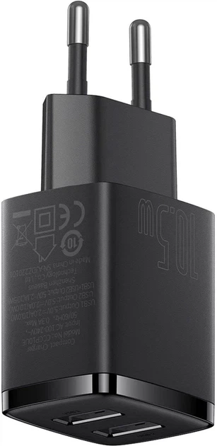 Зарядний пристрій Baseus Compact Charger 2U CCXJ010201 10.5W чорний - Фото 6 Зарядний пристрій Baseus Compact Charger 2U CCXJ010201 10.5W чорний - зображення 6