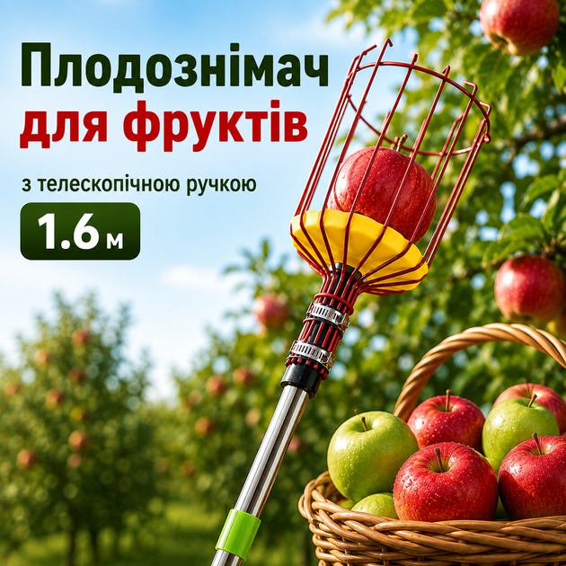 Плодознімач для збирання фруктів з телескопічною ручкою до 1,6 м - Фото 1 Плодознімач для збирання фруктів з телескопічною ручкою до 1,6 м - зображення 1
