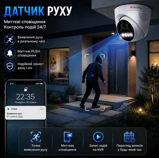 POE IP камера SIMICAM 8MP 4K купольная с датчиком движения, ONVIF, H.265 и цветным ночным видением - изображение 6