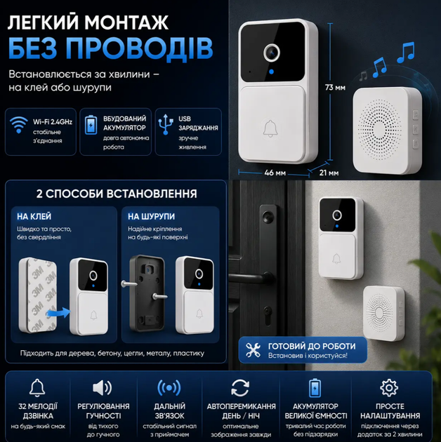 Бездротовий Wi-Fi відеодзвінок з камерою, нічне бачення, двосторонній аудіозв'язок, хмарне збереження, 32 мелодії - Фото 2 Бездротовий Wi-Fi відеодзвінок з камерою, нічне бачення, двосторонній аудіозв'язок, хмарне збереження, 32 мелодії - зображення 2