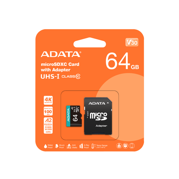 Карта пам'яті microSDXC (UHS-1 U3) A-DATA Premier Pro 64Gb Class 10 V30S A2 (R-100Mb/s W85Mb/s) (adapter SD) (AUSDX64GUI3V30SA2-RA1) - Фото 3 Карта пам'яті microSDXC (UHS-1 U3) A-DATA Premier Pro 64Gb Class 10 V30S A2 (R-100Mb/s W85Mb/s) (adapter SD) (AUSDX64GUI3V30SA2-RA1) - зображення 3