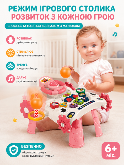 Детские ходунки-каталка 3 в 1 Bibiinn 6044 с игровым столиком и музыкальной машинкой, звуком и подсветкой, рулём, шестерёнками и сортером - изображение 4