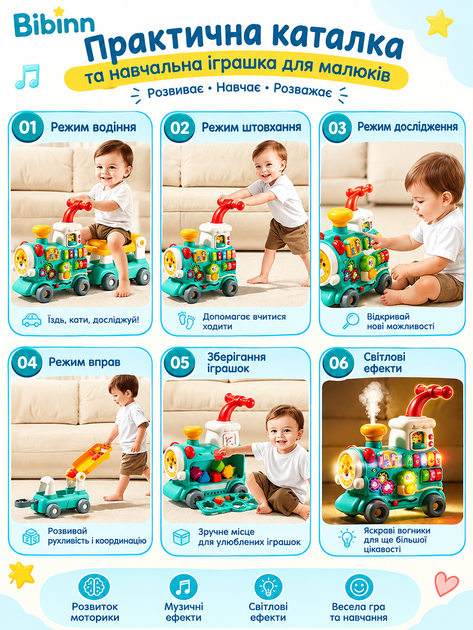 Детские ходунки-каталка 5 в 1 Bibiinn 6064 Baby Walker Train с пианино, толокаром, сортером, подсветкой и звуками поезда - изображение 4