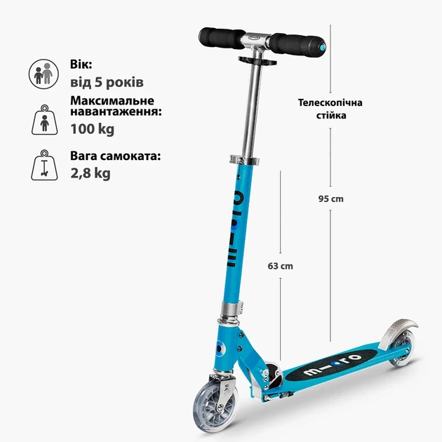 Самокат Micro алюминиевый 2 85 кг 63 95 см голубой - изображение 3