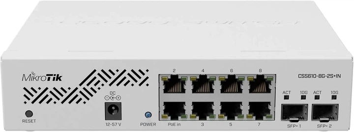 Коммутатор MikroTik Cloud Smart Switch CSS610-8G-2S+IN / 8x GbE RJ-45 / 2x 10G SFP+ / SwOS / PoE-in / Белый (102255148) - Фото 2 Коммутатор MikroTik Cloud Smart Switch CSS610-8G-2S+IN / 8x GbE RJ-45 / 2x 10G SFP+ / SwOS / PoE-in / Белый (102255148) - изображение 2