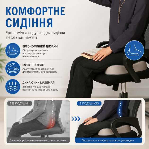 Подушка для сидіння RIAS AS-100 з ефектом пам'яті та знімним чохлом Grey-Beige (3_08616) - Фото 5 Подушка для сидіння RIAS AS-100 з ефектом пам'яті та знімним чохлом Grey-Beige (3_08616) - зображення 5