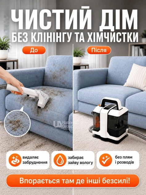 Пылесос моющий для ковров, мебели и матрасов с 2 насадками 750 Вт, портативный ручной пылесос-экстрактор с распылением воды для химчистки, влажной уборки, очистки автосалона и удаления пятен Белый, MHC-555-White - изображение 2