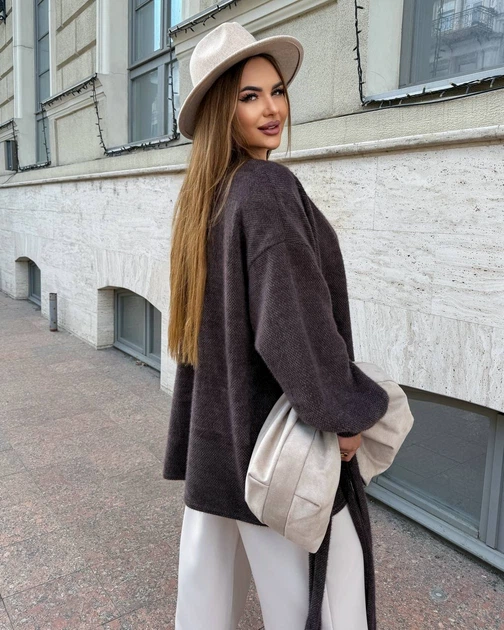 Кардиган женский теплый из материала альпака на запах с поясом без застежки больших размеров G&M k-132556 52-54 Размер цвет шоколад - изображение 4