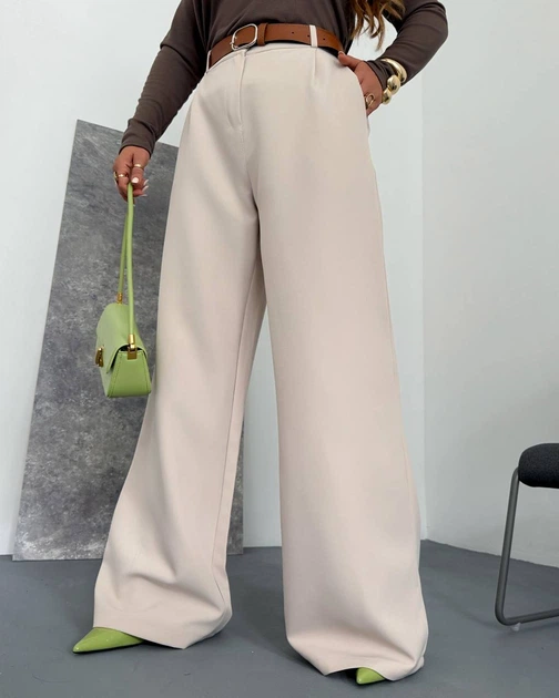 Штани жіночі класичні широкі палаццо з костюмної тканини з високою посадкою великих розмірів G&M k-132605 52-54 Розмір колір бежевий - зображення 3