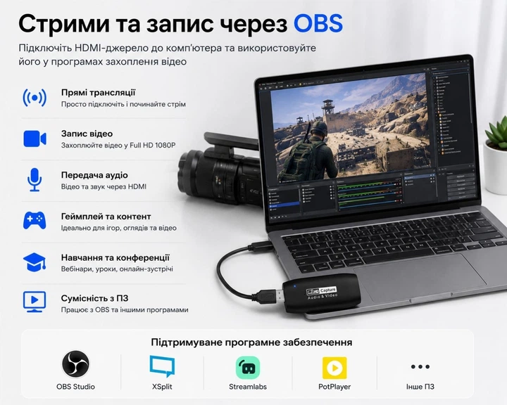 Карта захоплення відео HDMI–USB 2.0 HW-1403, 4K Input / Full HD 1080P, для OBS, стрімінгу, камер та ігор - изображение 4