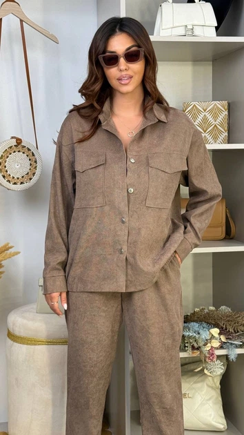 Костюм женский вельветовый двойка с курткой рубашечного кроя, джоггерами и поясом больших размеров G&M k-132672 48-50 Размер цвет мокко - изображение 3