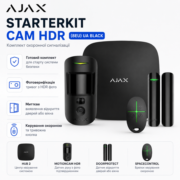 Комплект охранной сигнализации Ajax StarterKit Cam HDR(8EU)UA с тревожной кнопкой Черный - изображение 2