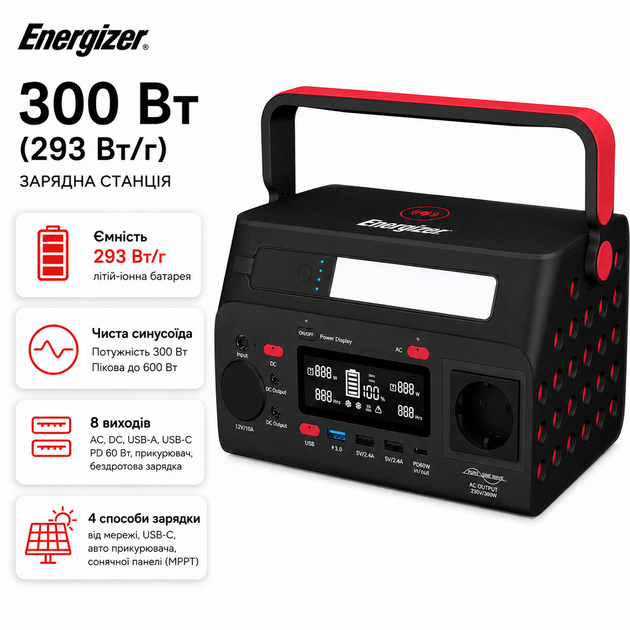 Портативная зарядная станция Energizer PPS300W2 300 Вт 293 Вт·ч Li-ion с быстрой зарядкой USB-C Power Delivery до 60 Вт - изображение 2