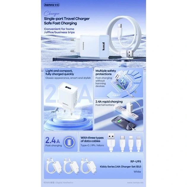 Мережевий зарядний пристрій з кабелем REMAX Kiddy Series 2.4A RP-Charger Set with Cable U95 Type-C - Фото 3 Мережевий зарядний пристрій з кабелем REMAX Kiddy Series 2.4A RP-Charger Set with Cable U95 Type-C - изображение 3