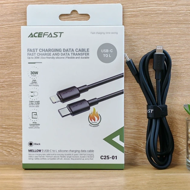 Кабель ACEFAST C25-01 USB-C to L silicone charging data cable Black - изображение 3